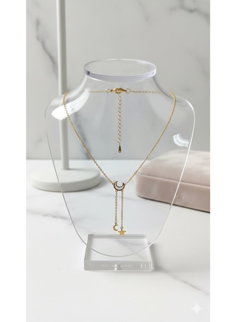 WARD Women's Gold Plated Stainless Steel Necklace with White Moon & Star Pendant - Image 3